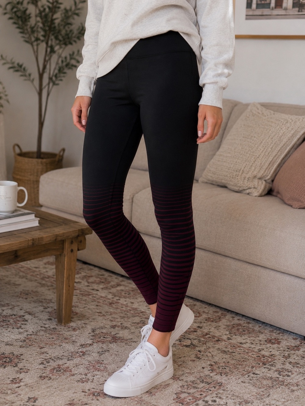 Shosho Black Burgundy Striped Leggings Size L/XL Fall Athleisure